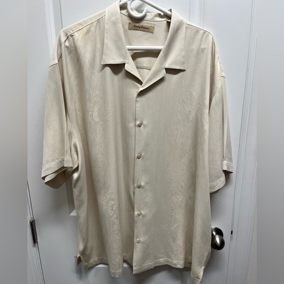 TOMMY BAHAMA XXL 100% Silk Button Up Shirt Floral Damask Prt Ivory Short Sleeve - Picture 2 of 11